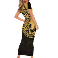 Philippines Eagle Sun Family Matching Short Sleeve Bodycon Dress and Hawaiian Shirt Filipino Agila Polynesian Tattoo Gold Color