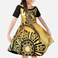 Philippines Eagle Sun Family Matching Summer Maxi Dress and Hawaiian Shirt Filipino Agila Polynesian Tattoo Gold Color