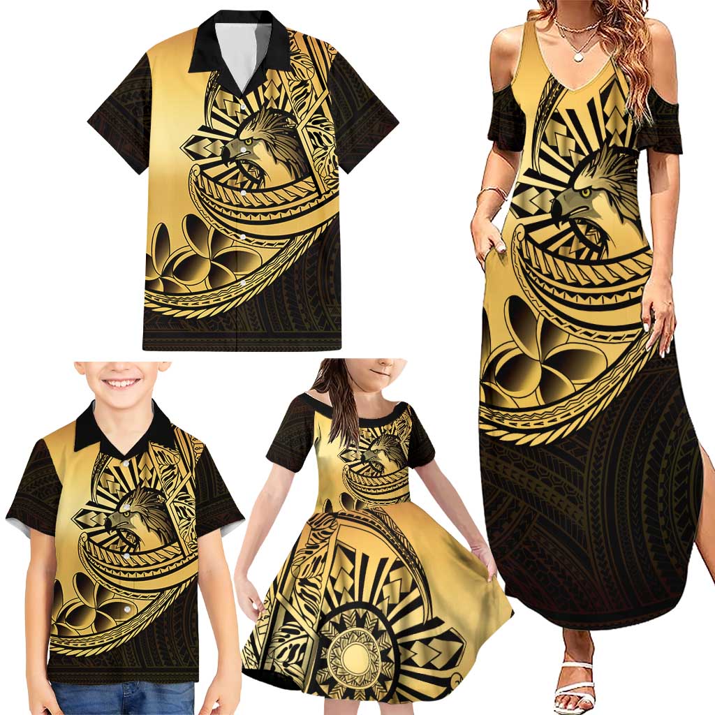 Philippines Eagle Sun Family Matching Summer Maxi Dress and Hawaiian Shirt Filipino Agila Polynesian Tattoo Gold Color