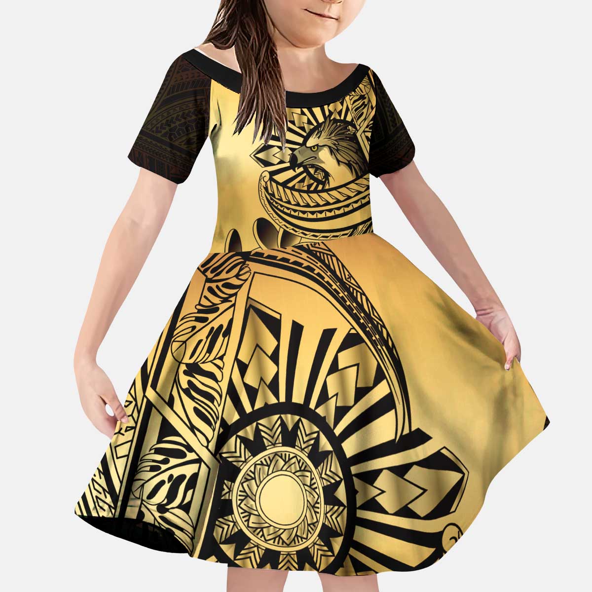 Philippines Eagle Sun Kid Short Sleeve Dress Filipino Agila Polynesian Tattoo Gold Color LT14 KID Gold - Polynesian Pride
