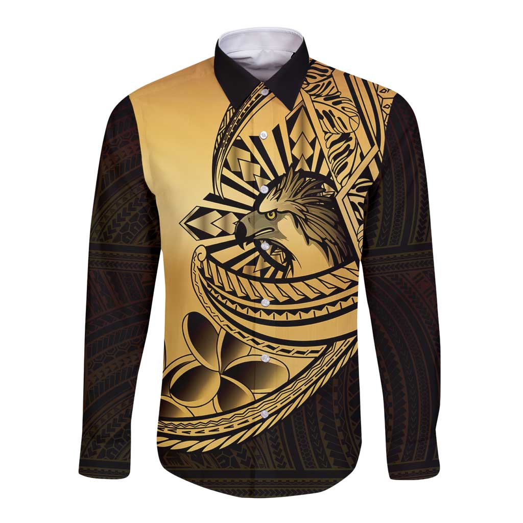 Philippines Eagle Sun Long Sleeve Button Shirt Filipino Agila Polynesian Tattoo Gold Color LT14 Unisex Gold - Polynesian Pride