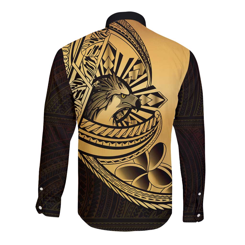 Philippines Eagle Sun Long Sleeve Button Shirt Filipino Agila Polynesian Tattoo Gold Color LT14 - Polynesian Pride
