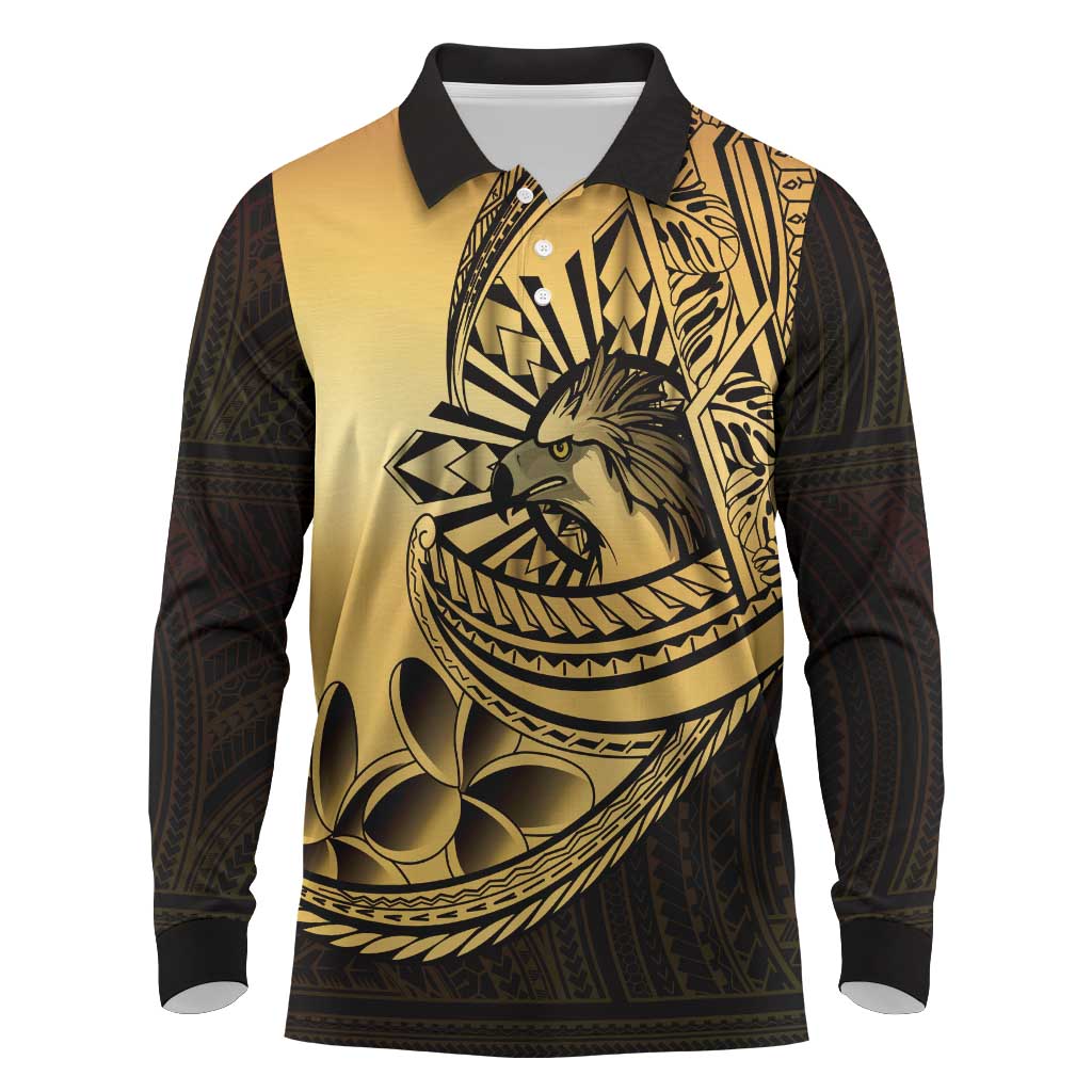 Philippines Eagle Sun Long Sleeve Polo Shirt Filipino Agila Polynesian Tattoo Gold Color