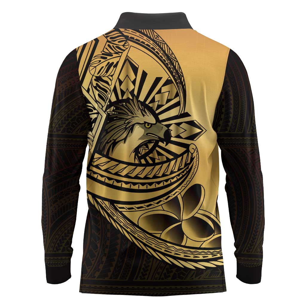 Philippines Eagle Sun Long Sleeve Polo Shirt Filipino Agila Polynesian Tattoo Gold Color