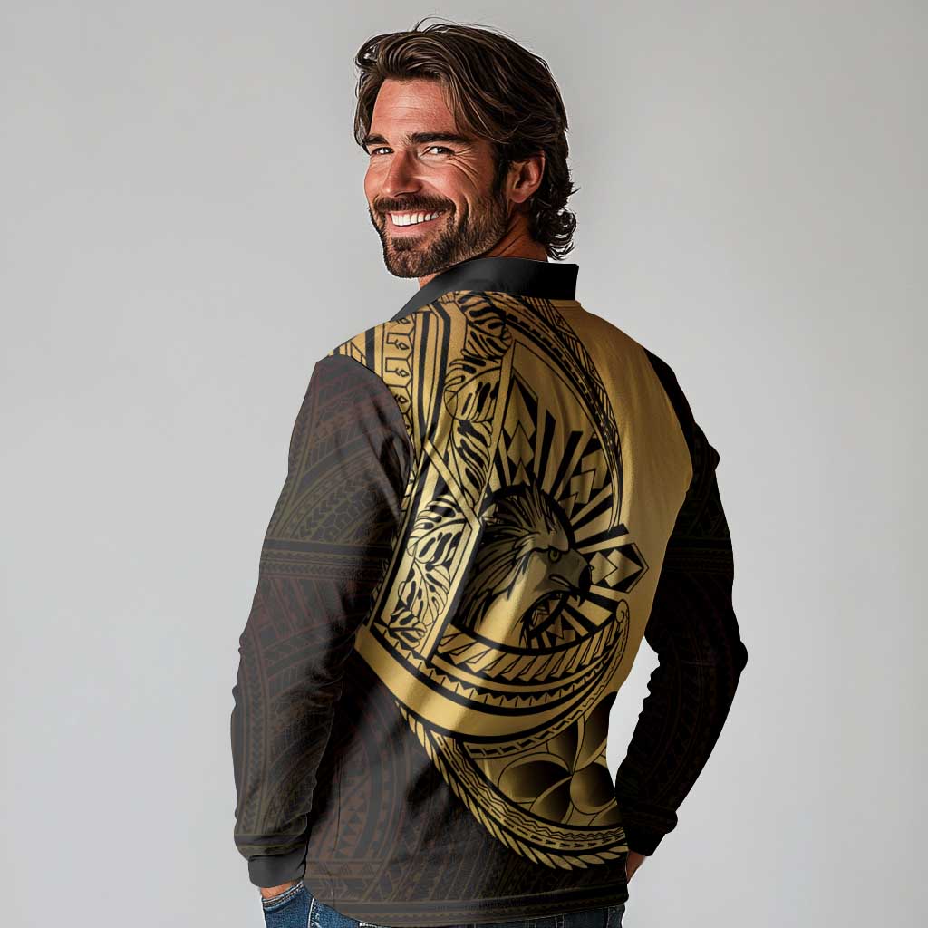 Philippines Eagle Sun Long Sleeve Polo Shirt Filipino Agila Polynesian Tattoo Gold Color
