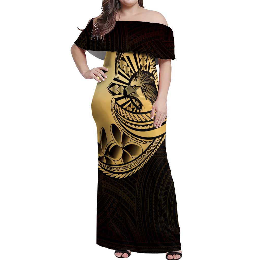 Philippines Eagle Sun Off Shoulder Maxi Dress Filipino Agila Polynesian Tattoo Gold Color