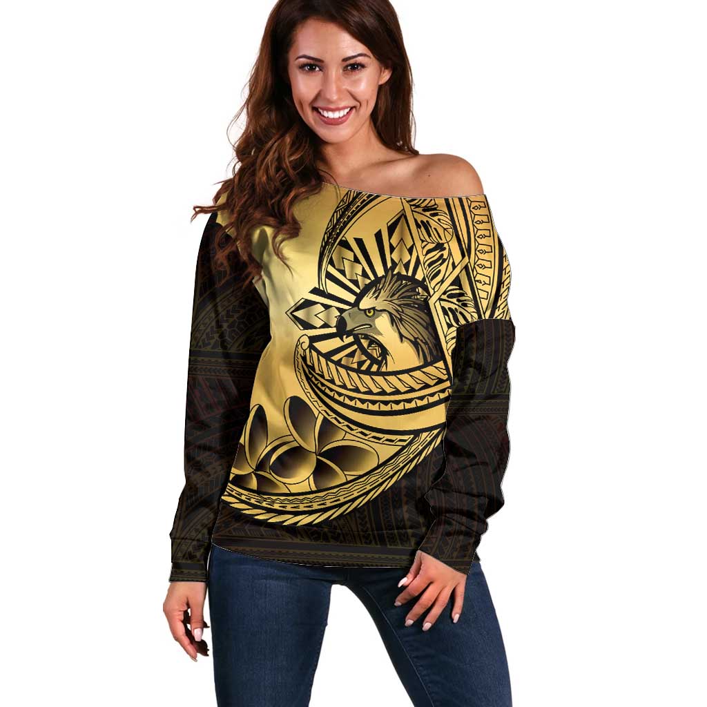 Philippines Eagle Sun Off Shoulder Sweater Filipino Agila Polynesian Tattoo Gold Color LT14 Women Gold - Polynesian Pride