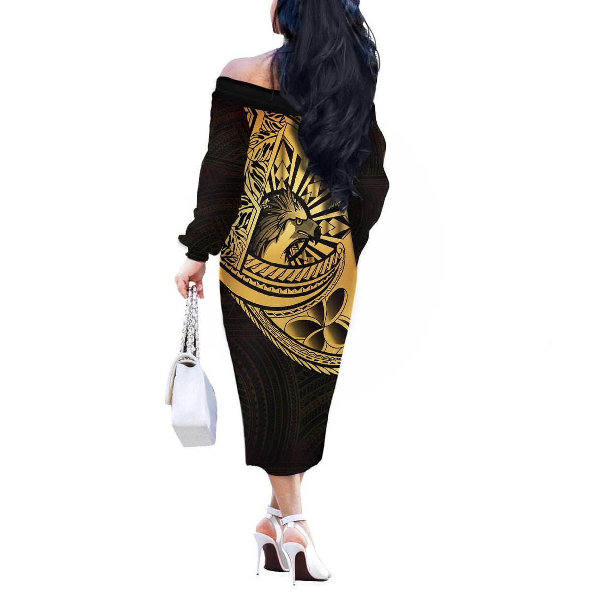 Philippines Eagle Sun Off The Shoulder Long Sleeve Dress Filipino Agila Polynesian Tattoo Gold Color LT14 - Polynesian Pride