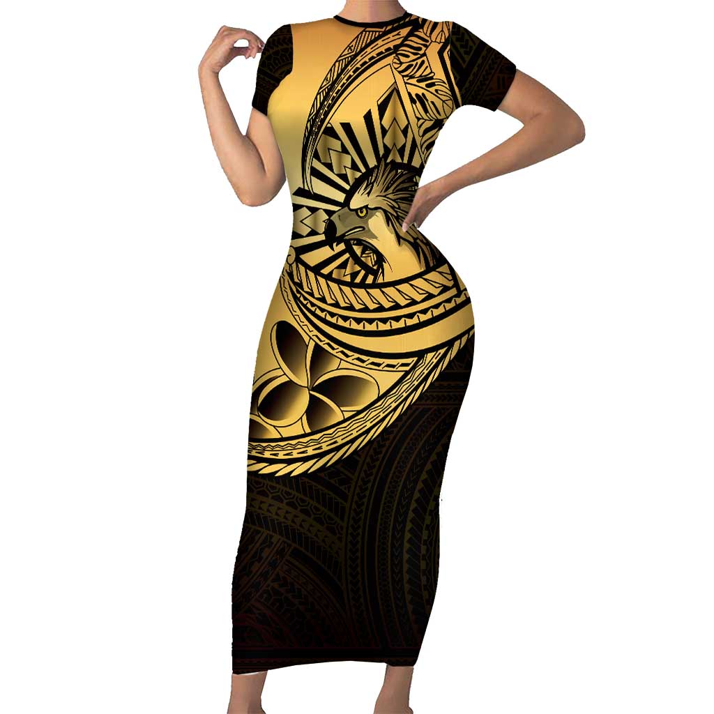 Philippines Eagle Sun Short Sleeve Bodycon Dress Filipino Agila Polynesian Tattoo Gold Color LT14 Long Dress Gold - Polynesian Pride