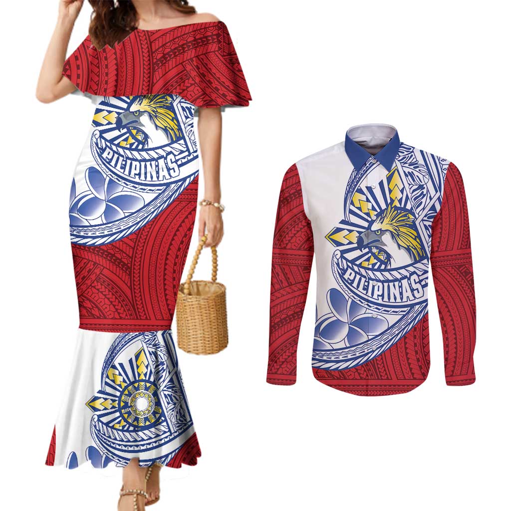 Philippines Eagle Sun Couples Matching Mermaid Dress and Long Sleeve Button Shirt Filipino Agila Polynesian Tattoo Flag Color LT14 Red - Polynesian Pride