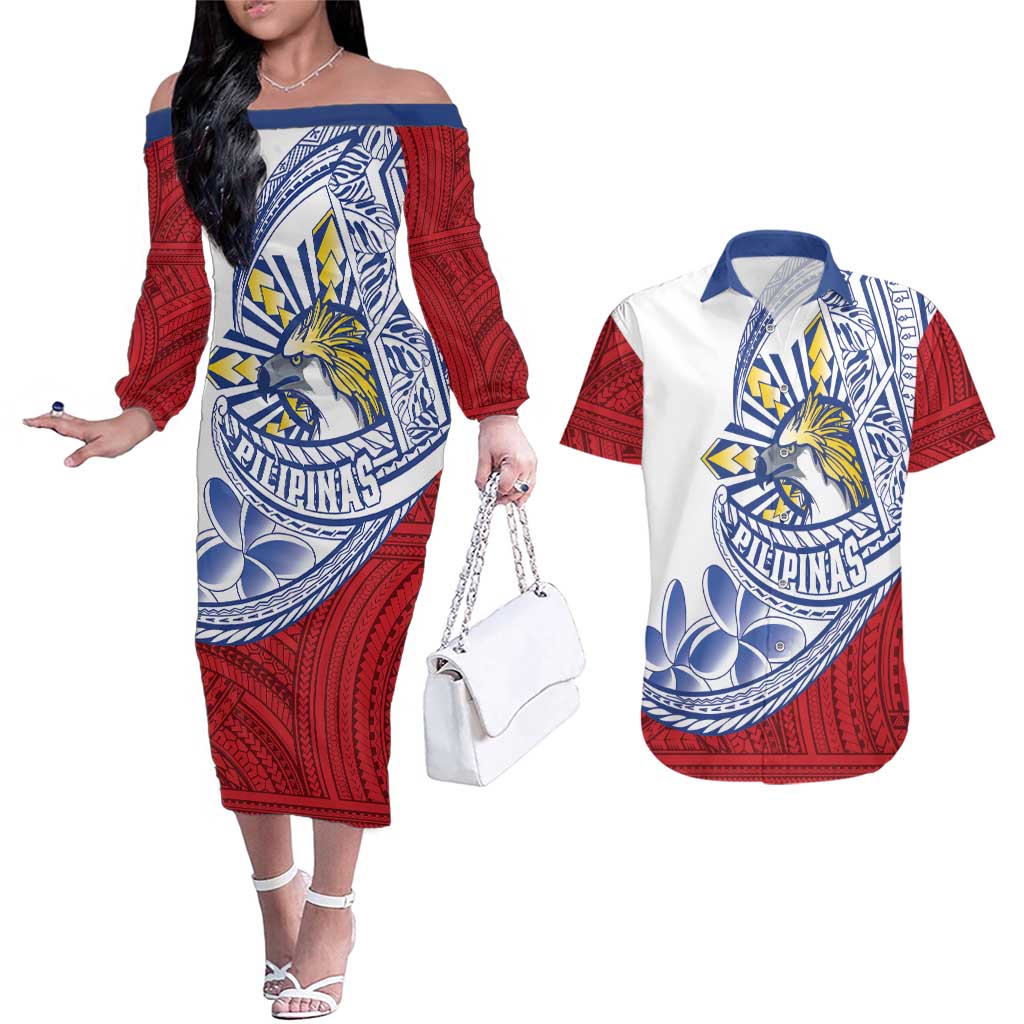 Philippines Eagle Sun Couples Matching Off The Shoulder Long Sleeve Dress and Hawaiian Shirt Filipino Agila Polynesian Tattoo Flag Color LT14 Red - Polynesian Pride