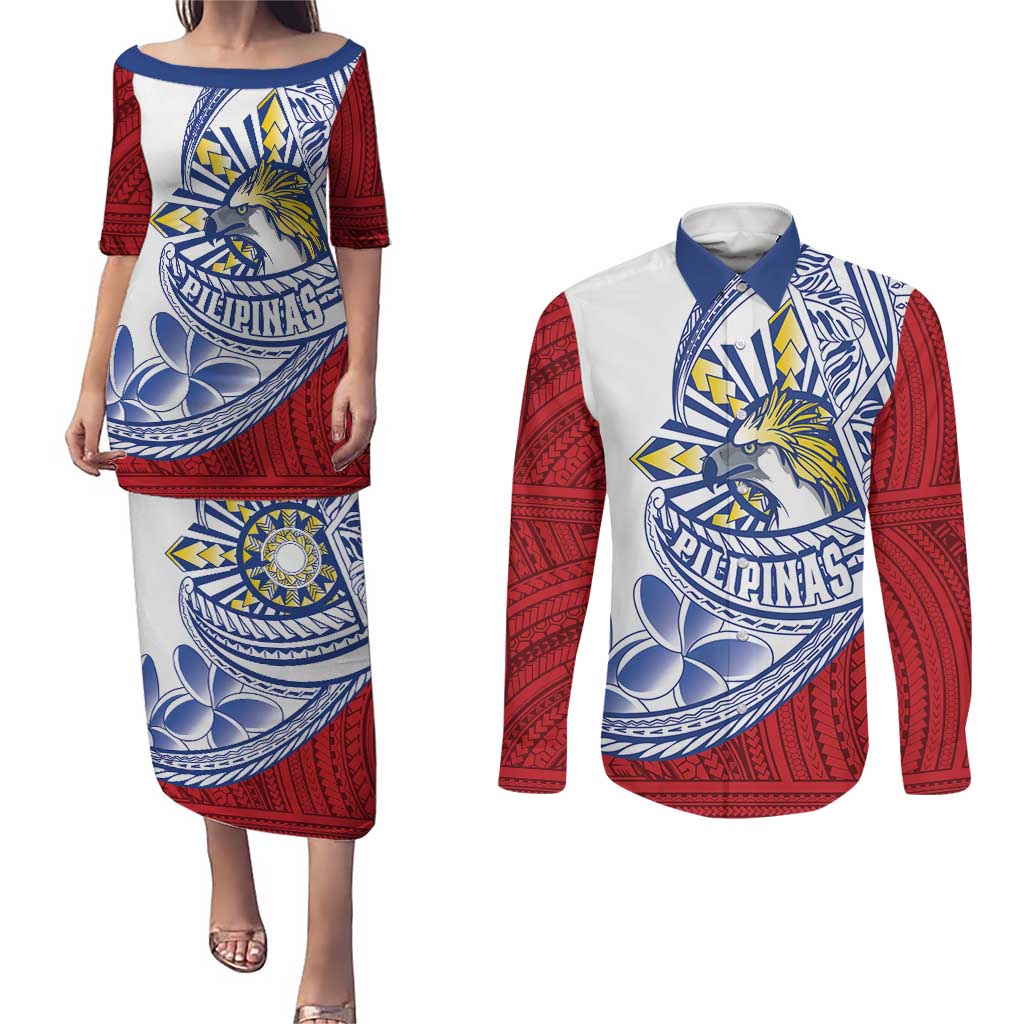 Philippines Eagle Sun Couples Matching Puletasi and Long Sleeve Button Shirt Filipino Agila Polynesian Tattoo Flag Color