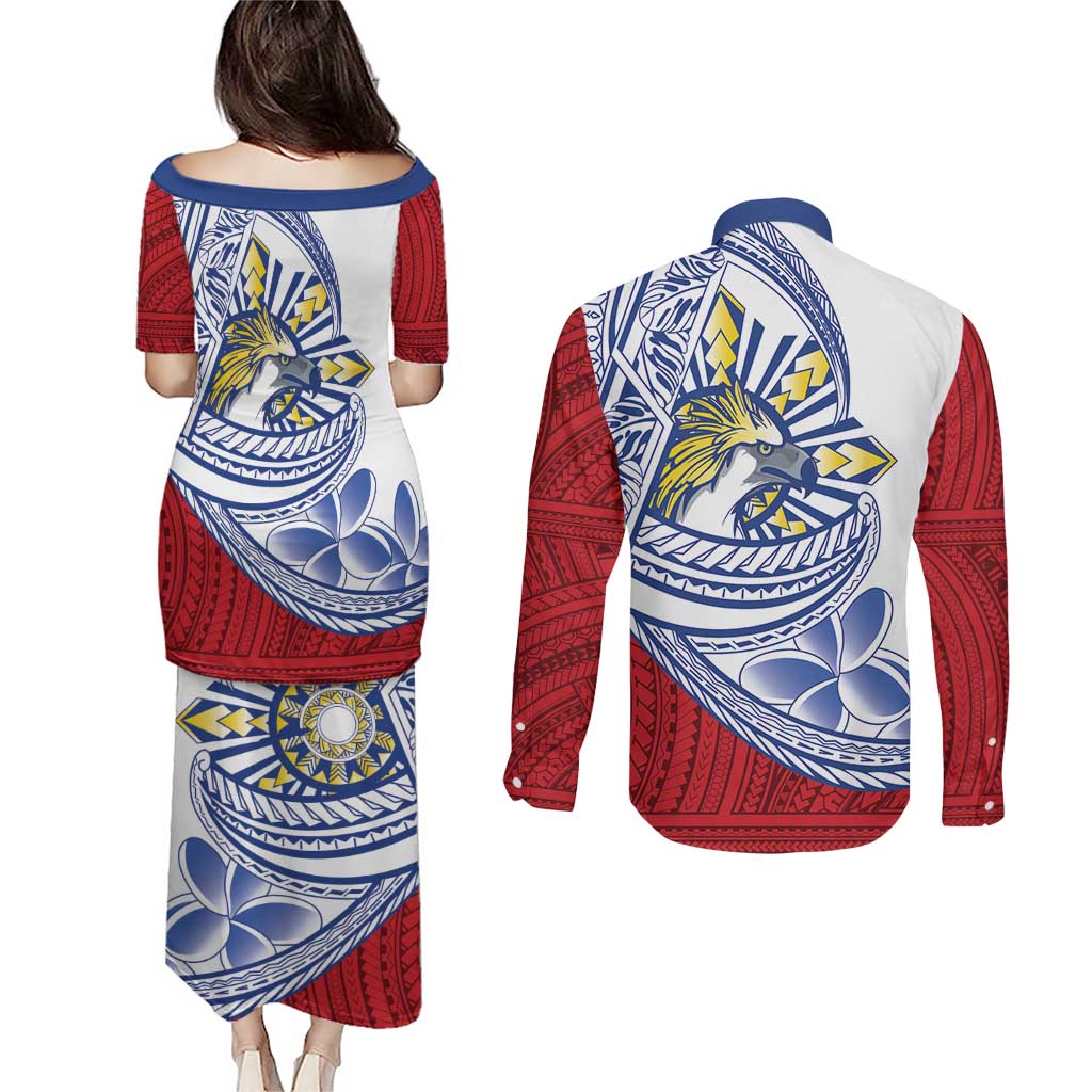 Philippines Eagle Sun Couples Matching Puletasi and Long Sleeve Button Shirt Filipino Agila Polynesian Tattoo Flag Color