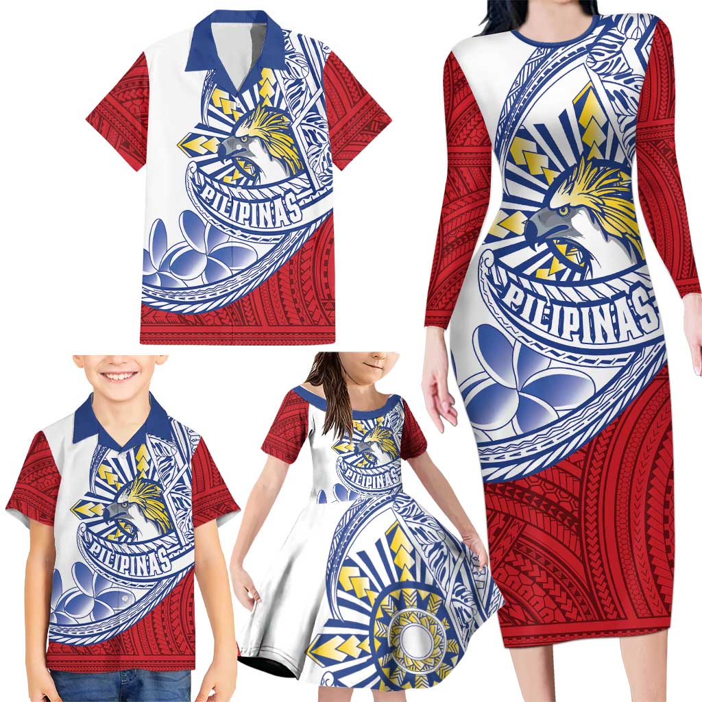 Philippines Eagle Sun Family Matching Long Sleeve Bodycon Dress and Hawaiian Shirt Filipino Agila Polynesian Tattoo Flag Color