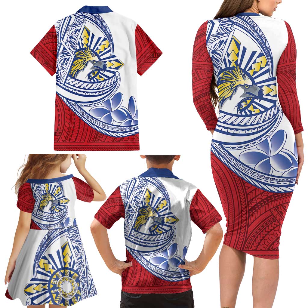 Philippines Eagle Sun Family Matching Long Sleeve Bodycon Dress and Hawaiian Shirt Filipino Agila Polynesian Tattoo Flag Color