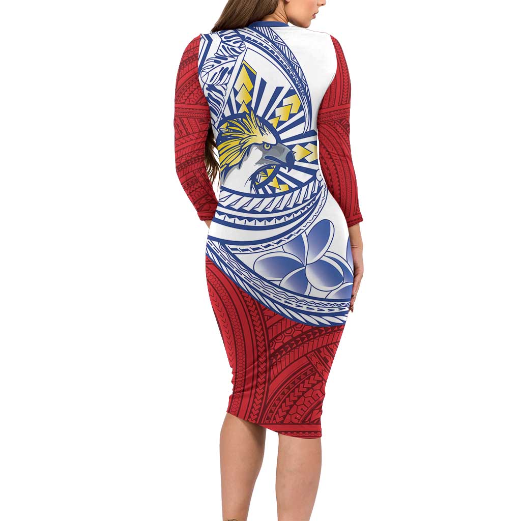 Philippines Eagle Sun Family Matching Long Sleeve Bodycon Dress and Hawaiian Shirt Filipino Agila Polynesian Tattoo Flag Color