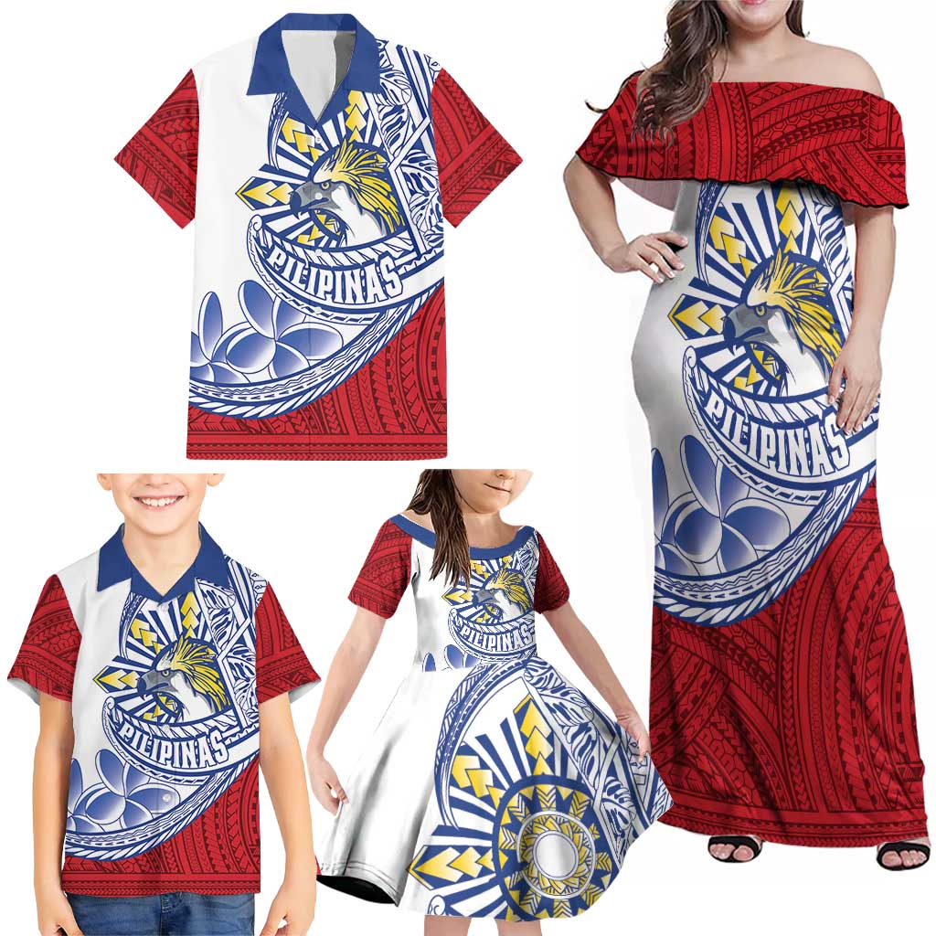 Philippines Eagle Sun Family Matching Off Shoulder Maxi Dress and Hawaiian Shirt Filipino Agila Polynesian Tattoo Flag Color LT14 - Polynesian Pride