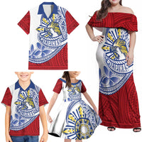 Philippines Eagle Sun Family Matching Off Shoulder Maxi Dress and Hawaiian Shirt Filipino Agila Polynesian Tattoo Flag Color
