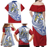 Philippines Eagle Sun Family Matching Off Shoulder Maxi Dress and Hawaiian Shirt Filipino Agila Polynesian Tattoo Flag Color