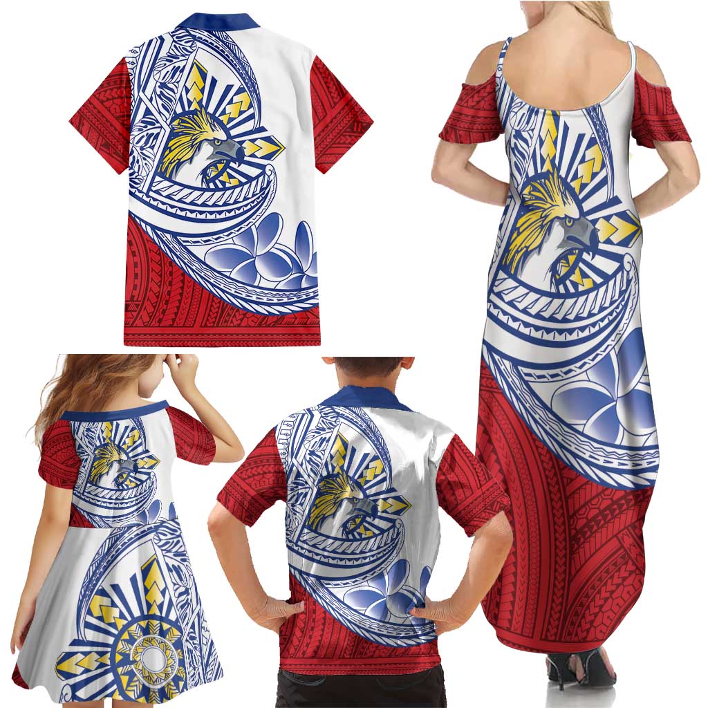 Philippines Eagle Sun Family Matching Summer Maxi Dress and Hawaiian Shirt Filipino Agila Polynesian Tattoo Flag Color
