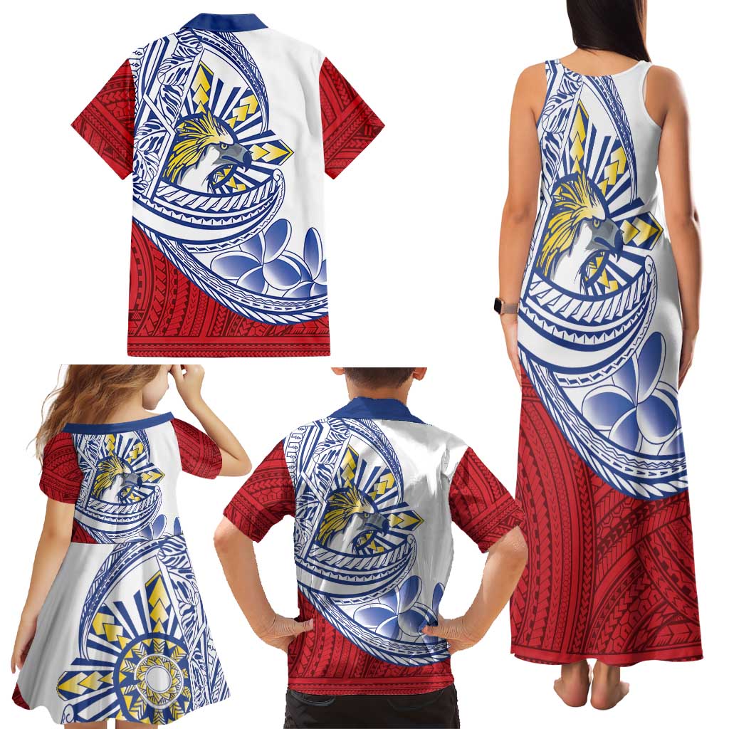 Philippines Eagle Sun Family Matching Tank Maxi Dress and Hawaiian Shirt Filipino Agila Polynesian Tattoo Flag Color