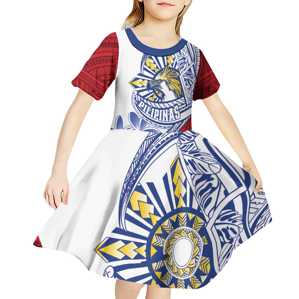 Philippines Eagle Sun Kid Short Sleeve Dress Filipino Agila Polynesian Tattoo Flag Color LT14 - Polynesian Pride