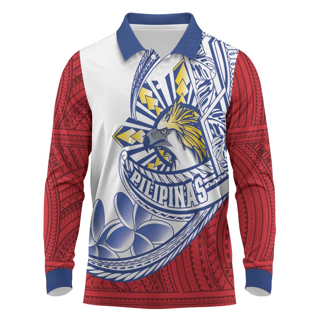 Philippines Eagle Sun Long Sleeve Polo Shirt Filipino Agila Polynesian Tattoo Flag Color LT14 Red - Polynesian Pride