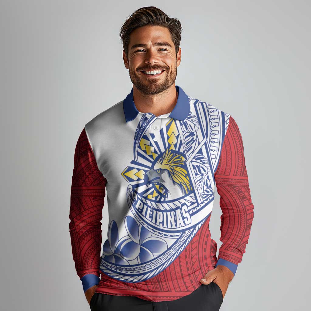 Philippines Eagle Sun Long Sleeve Polo Shirt Filipino Agila Polynesian Tattoo Flag Color LT14 - Polynesian Pride