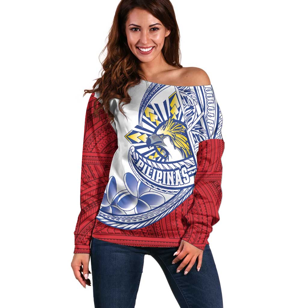 Philippines Eagle Sun Off Shoulder Sweater Filipino Agila Polynesian Tattoo Flag Color LT14 Women Red - Polynesian Pride