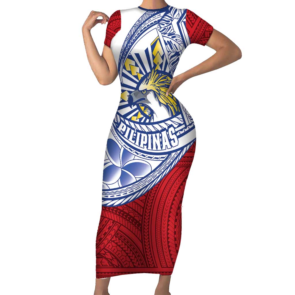 Philippines Eagle Sun Short Sleeve Bodycon Dress Filipino Agila Polynesian Tattoo Flag Color LT14 Long Dress Red - Polynesian Pride