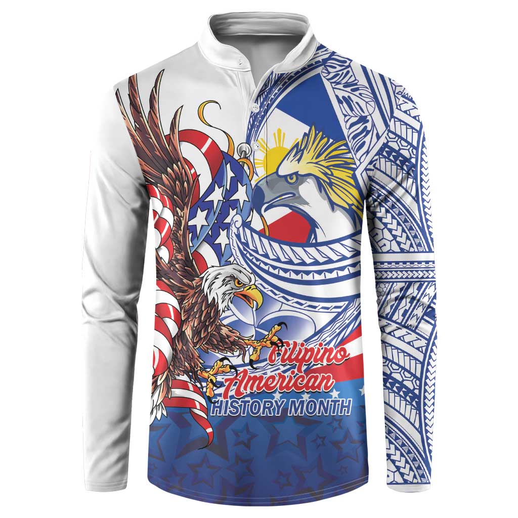 Filipino American History Month Button Sweatshirt Philippines Agila USA Eagle Mix Flag LT14 Blue - Polynesian Pride