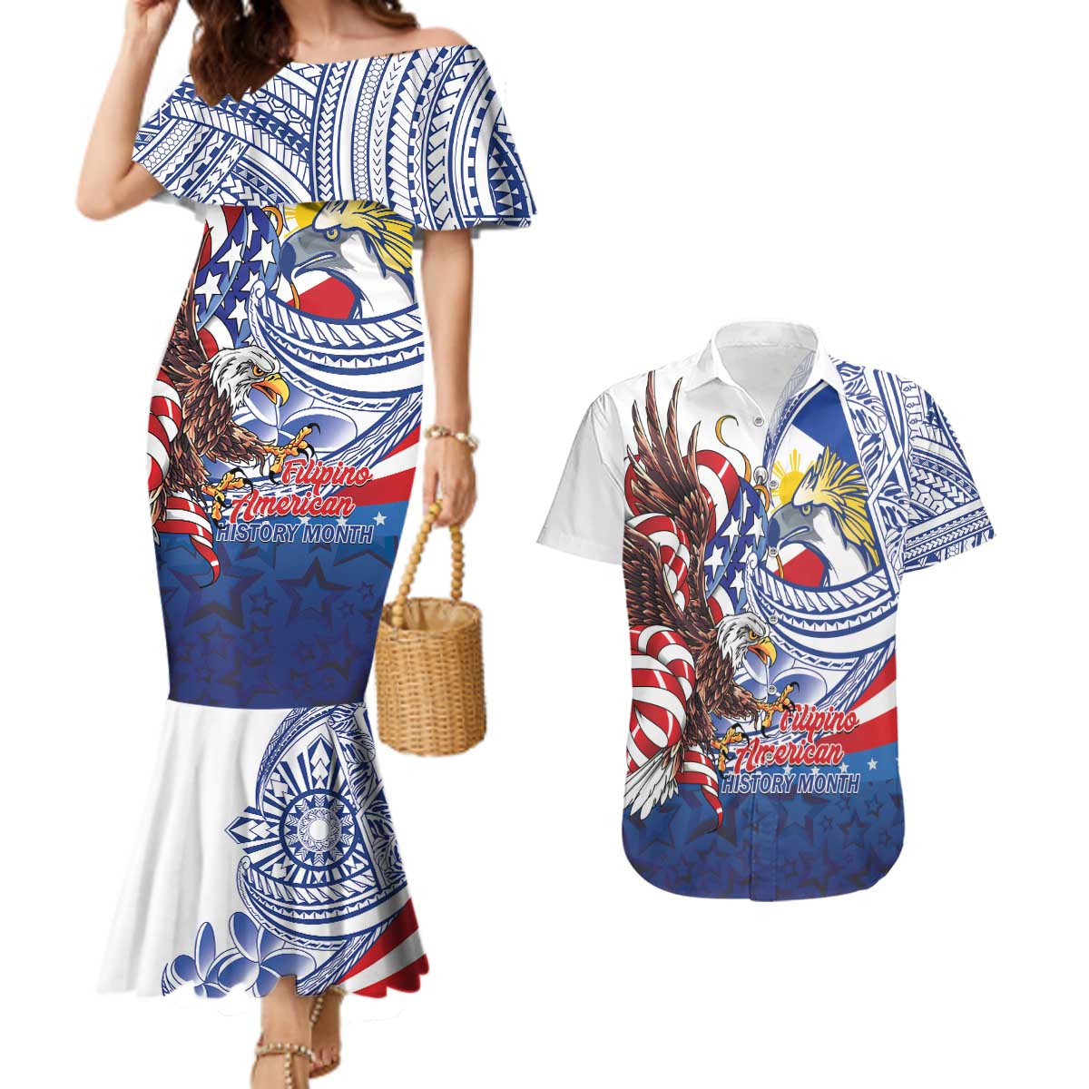 Filipino American History Month Couples Matching Mermaid Dress and Hawaiian Shirt Philippines Agila USA Eagle Mix Flag