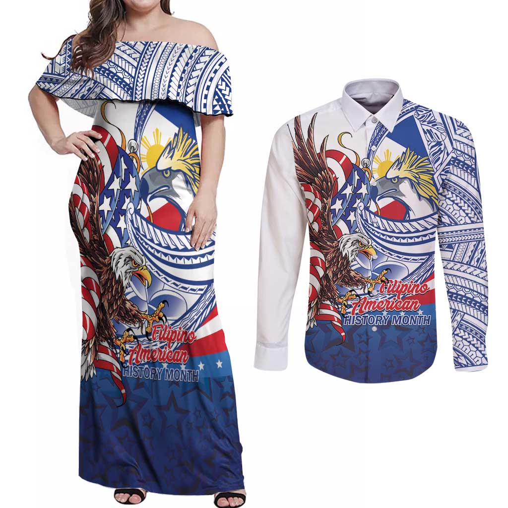 Filipino American History Month Couples Matching Off Shoulder Maxi Dress and Long Sleeve Button Shirt Philippines Agila USA Eagle Mix Flag LT14 Blue - Polynesian Pride