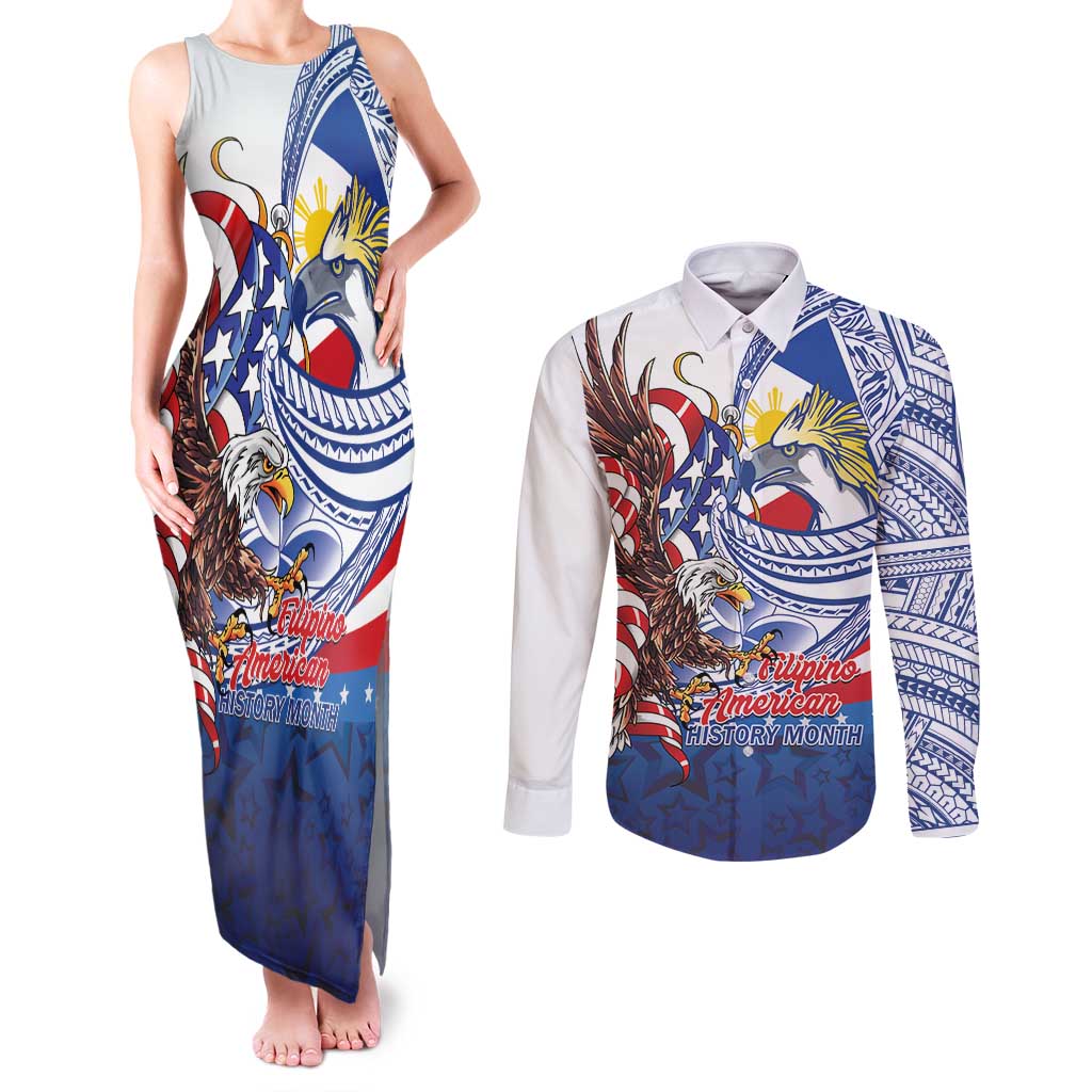 Filipino American History Month Couples Matching Tank Maxi Dress and Long Sleeve Button Shirt Philippines Agila USA Eagle Mix Flag