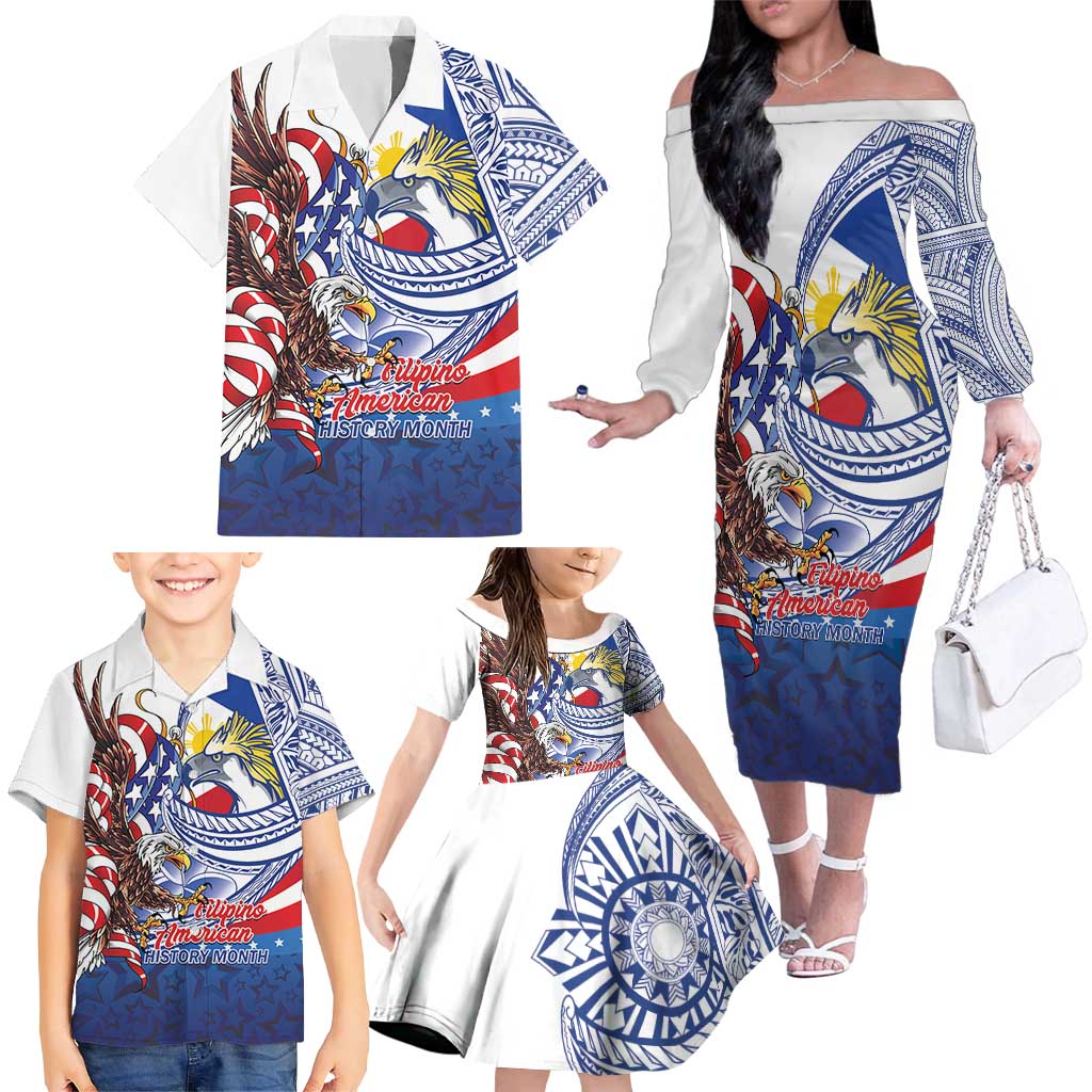 Filipino American History Month Family Matching Off The Shoulder Long Sleeve Dress and Hawaiian Shirt Philippines Agila USA Eagle Mix Flag