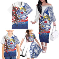 Filipino American History Month Family Matching Off The Shoulder Long Sleeve Dress and Hawaiian Shirt Philippines Agila USA Eagle Mix Flag