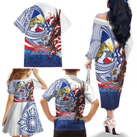 Filipino American History Month Family Matching Off The Shoulder Long Sleeve Dress and Hawaiian Shirt Philippines Agila USA Eagle Mix Flag