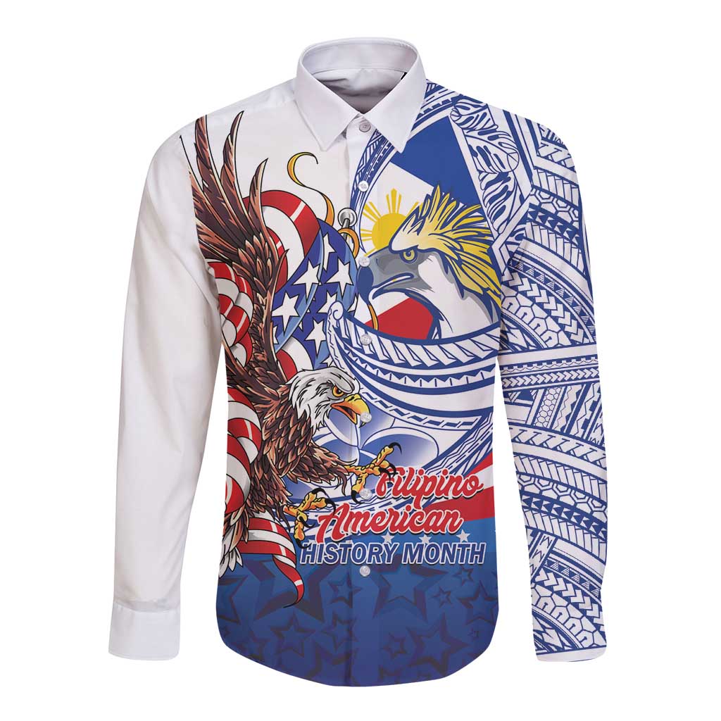 Filipino American History Month Long Sleeve Button Shirt Philippines Agila USA Eagle Mix Flag LT14 Unisex Blue - Polynesian Pride