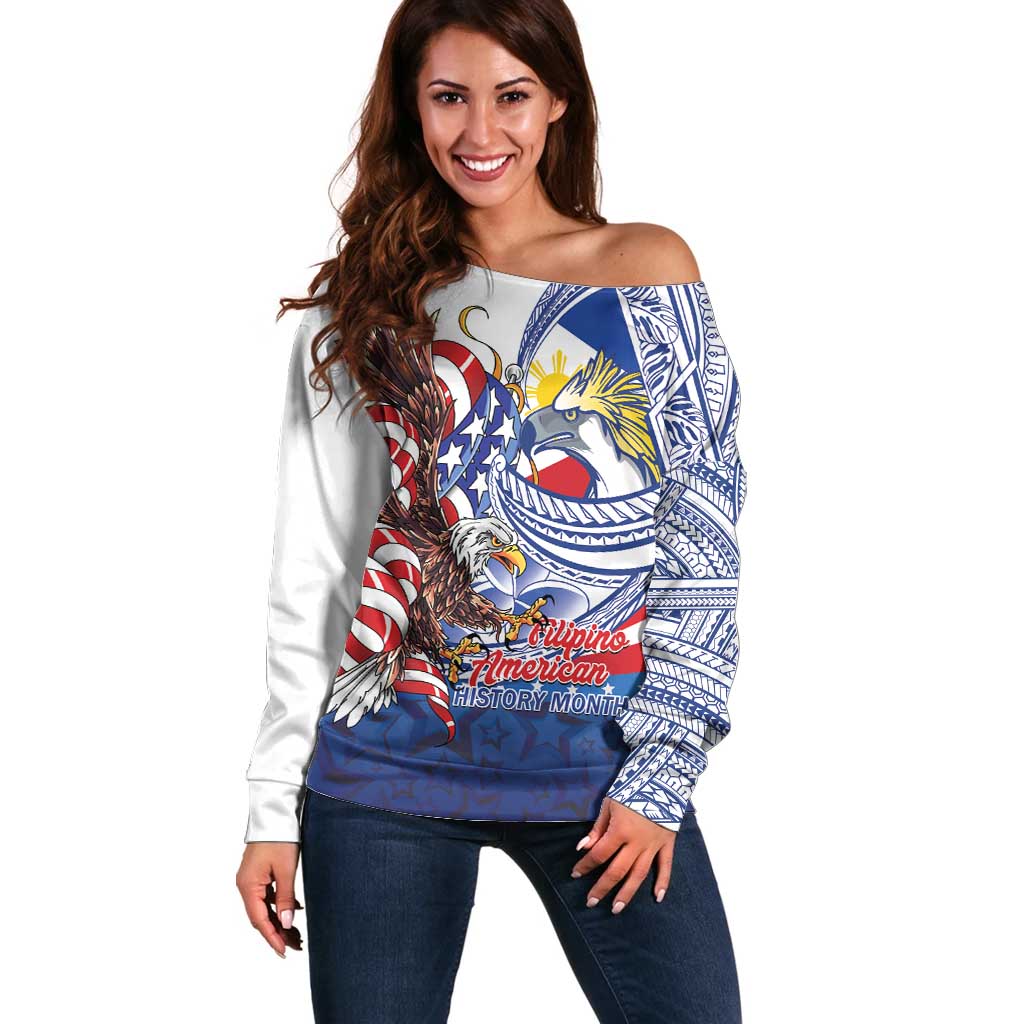 Filipino American History Month Off Shoulder Sweater Philippines Agila USA Eagle Mix Flag LT14 Women Blue - Polynesian Pride
