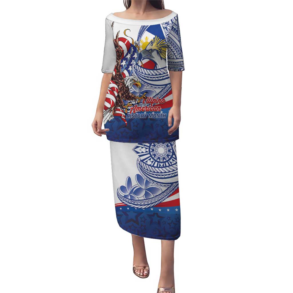 Filipino American History Month Puletasi Philippines Agila USA Eagle Mix Flag LT14 Long Dress Blue - Polynesian Pride