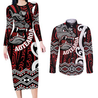 Personalised Aotearoa Bulldog Couples Matching Long Sleeve Bodycon Dress and Long Sleeve Button Shirt New Zealand Maori Taniko Art