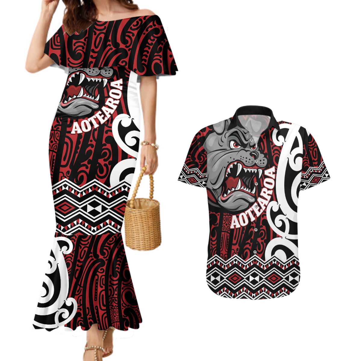 Personalised Aotearoa Bulldog Couples Matching Mermaid Dress and Hawaiian Shirt New Zealand Maori Taniko Art