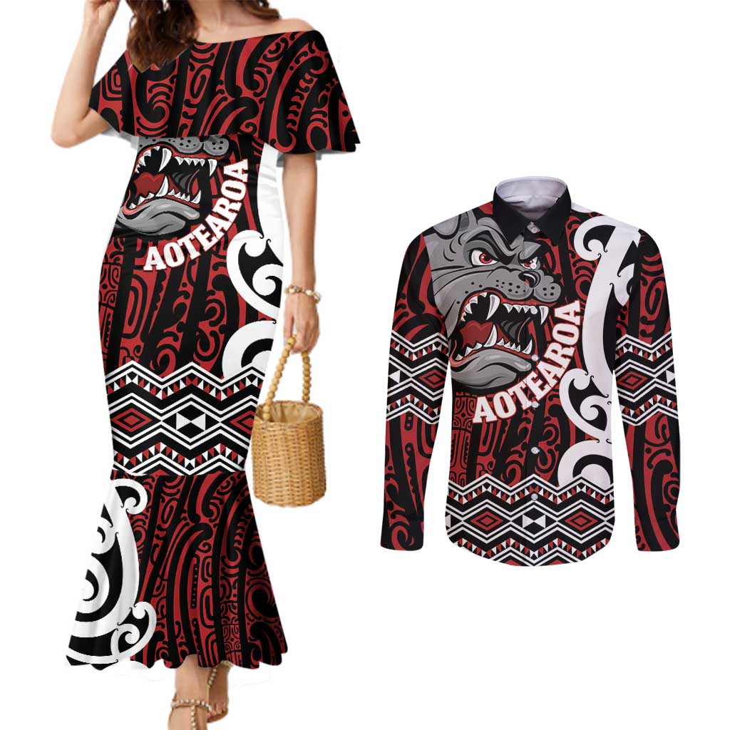 Personalised Aotearoa Bulldog Couples Matching Mermaid Dress and Long Sleeve Button Shirt New Zealand Maori Taniko Art