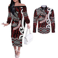 Personalised Aotearoa Bulldog Couples Matching Off The Shoulder Long Sleeve Dress and Long Sleeve Button Shirt New Zealand Maori Taniko Art