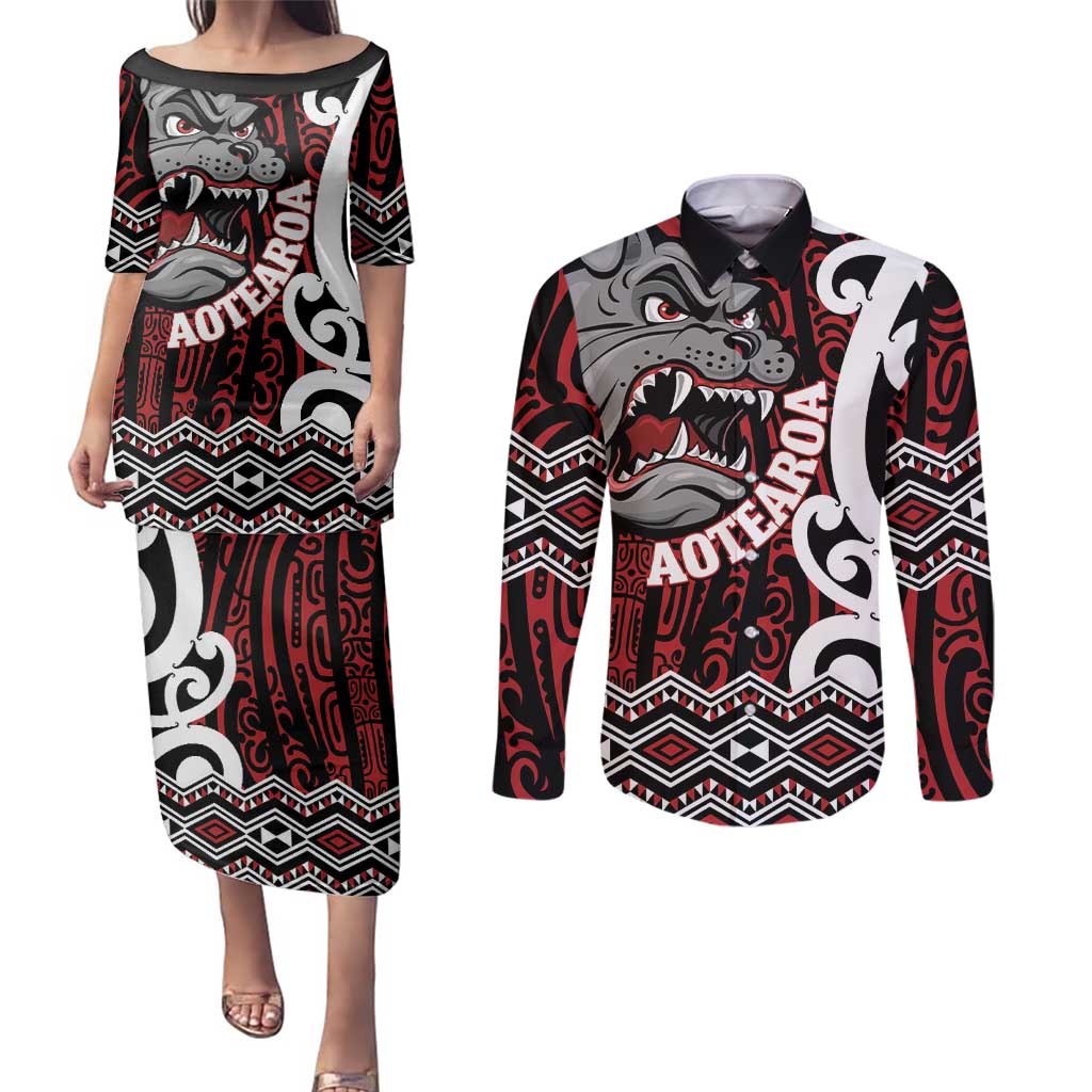 Personalised Aotearoa Bulldog Couples Matching Puletasi and Long Sleeve Button Shirt New Zealand Maori Taniko Art
