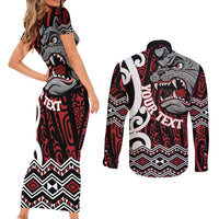 Personalised Aotearoa Bulldog Couples Matching Short Sleeve Bodycon Dress and Long Sleeve Button Shirt New Zealand Maori Taniko Art