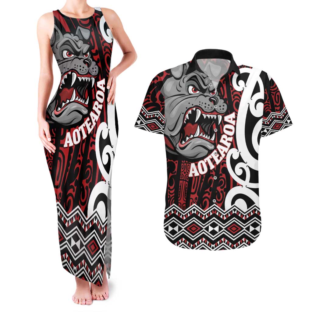 Personalised Aotearoa Bulldog Couples Matching Tank Maxi Dress and Hawaiian Shirt New Zealand Maori Taniko Art