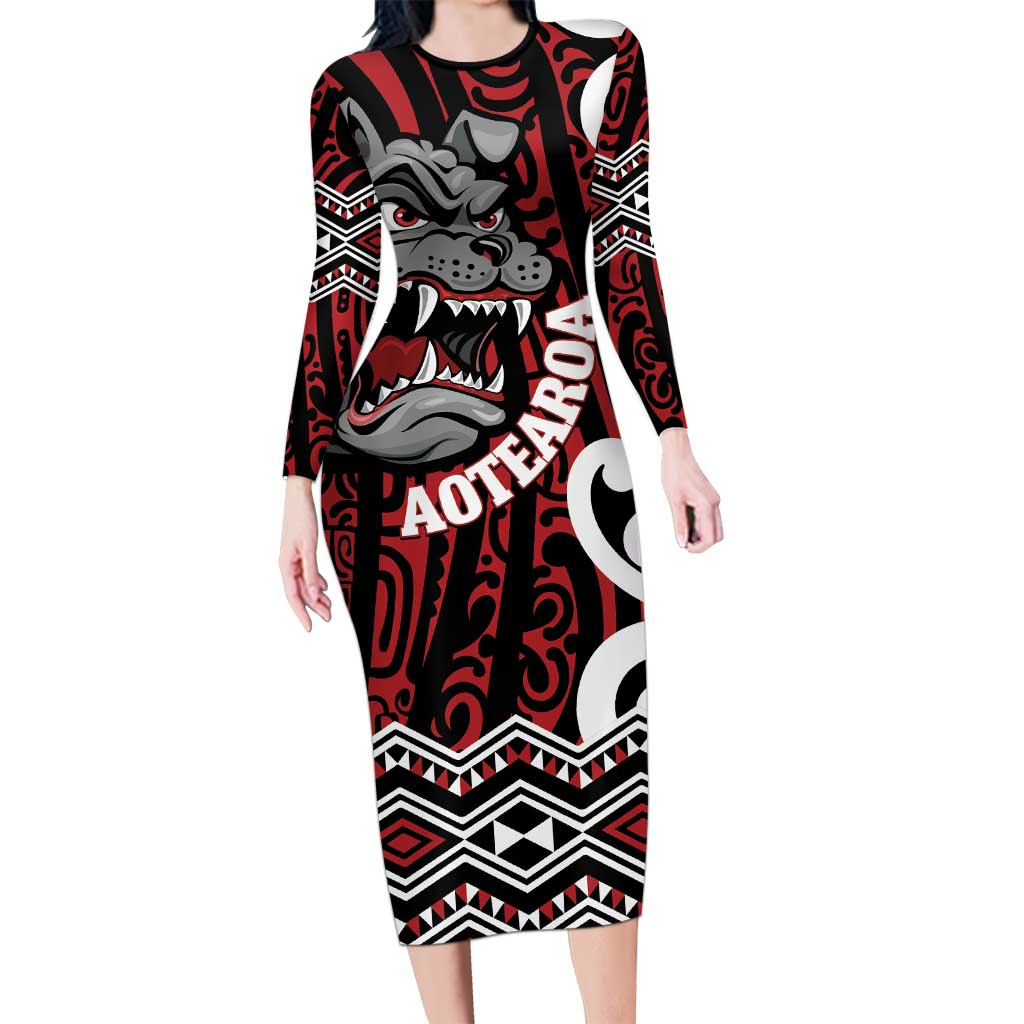 Personalised Aotearoa Bulldog Family Matching Long Sleeve Bodycon Dress and Hawaiian Shirt New Zealand Maori Taniko Art