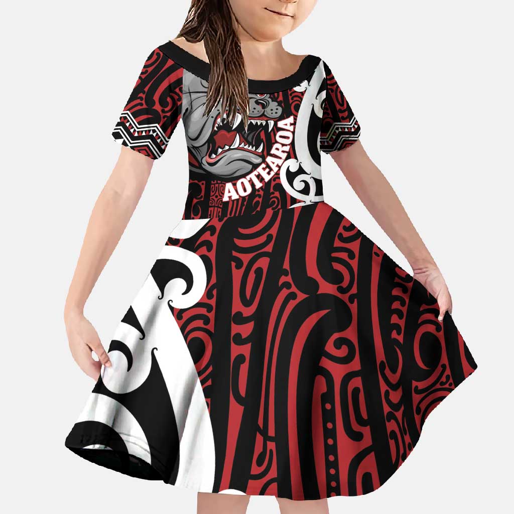 Personalised Aotearoa Bulldog Family Matching Off Shoulder Maxi Dress and Hawaiian Shirt New Zealand Maori Taniko Art