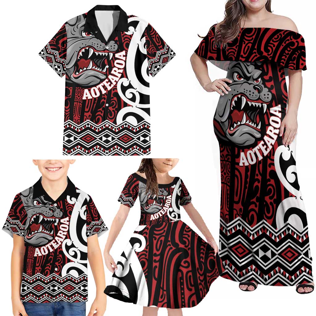 Personalised Aotearoa Bulldog Family Matching Off Shoulder Maxi Dress and Hawaiian Shirt New Zealand Maori Taniko Art
